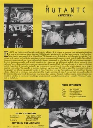 LA MUTANTE / Species Synopsis du film 22x31 cm - 1995 - Ben Kingsley Natasha Henstridge R. Donaldson