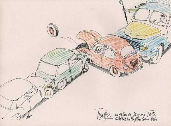 TRAFIC Jacques Tati 1971 Jeu de 12 Reproductions dessins originaux signés de CABU format 24x29,5 cm